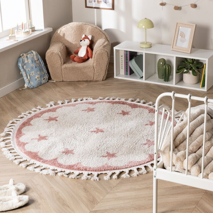 Waschbarer Kinderteppich Rund - Moos Star Rosa
