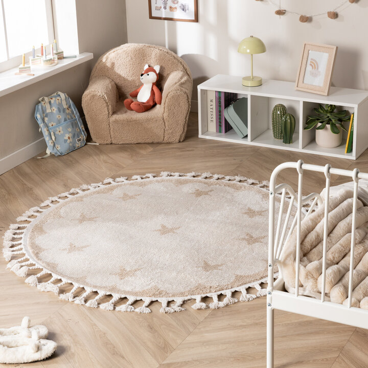 Waschbarer Kinderteppich Rund - Moos Star Creme