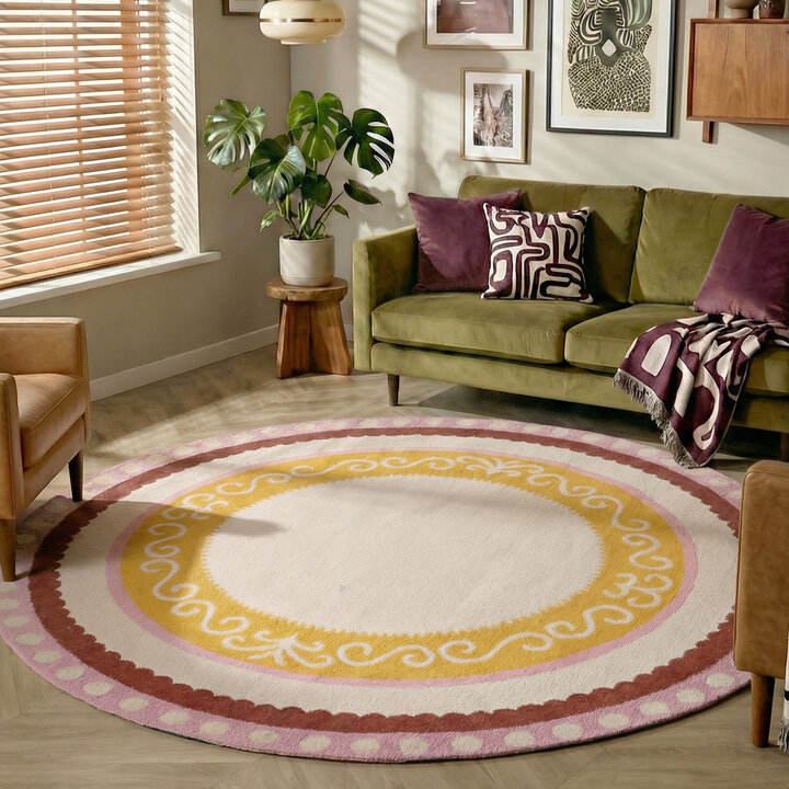 Baumwollteppich Rund - Nola Border Rosa