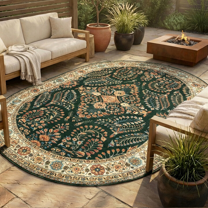 Vintage Gartenteppich Oval - Santo Flora Dunkelgrün