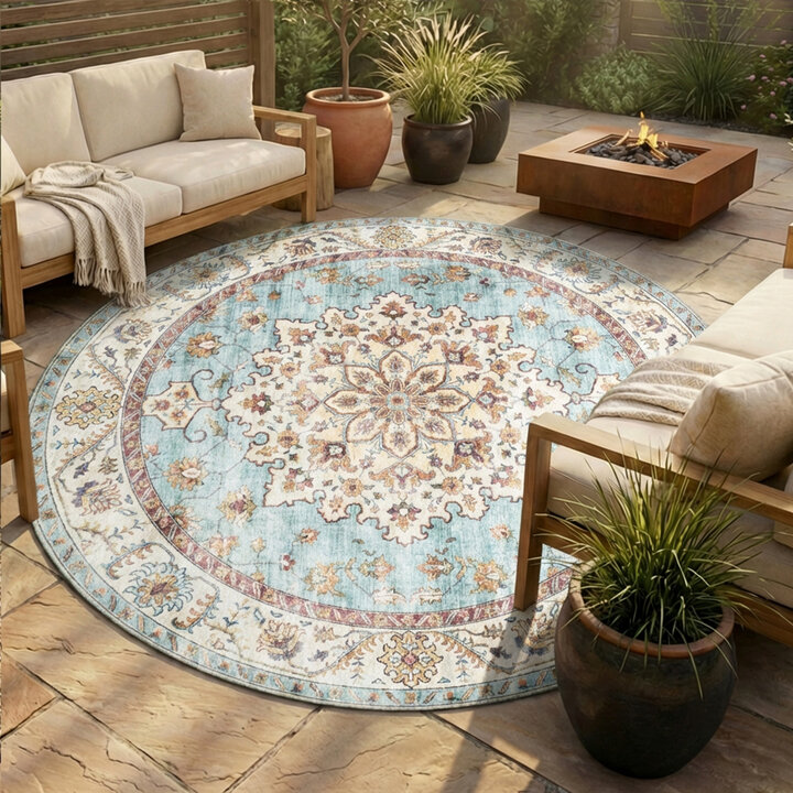 Vintage Gartenteppich Rund - Santo Medaillon Hellblau