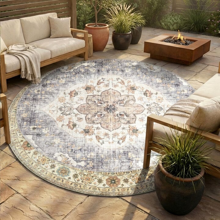 Vintage Gartenteppich Rund - Santo Mandala Blau Grau