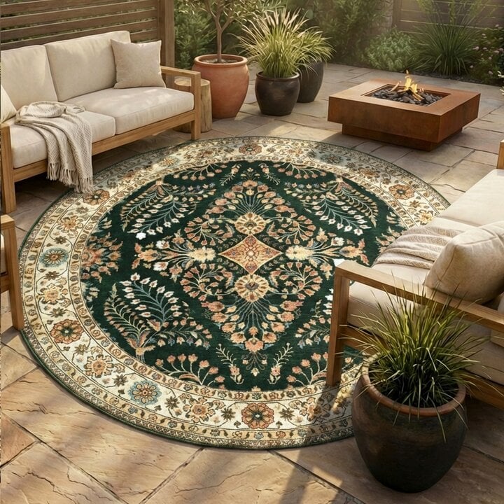 Vintage Gartenteppich Rund - Santo Flora Dunkelgrün