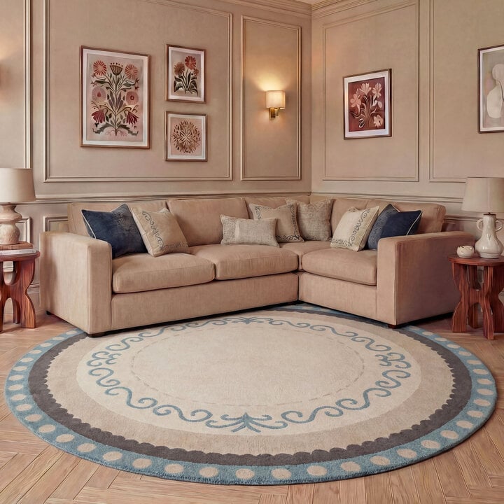 Baumwollteppich Rund - Nola Border Blau