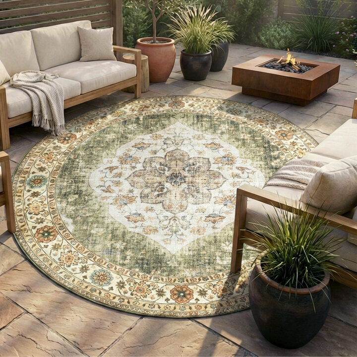 Vintage Gartenteppich Rund - Santo Mandala Grün - 8