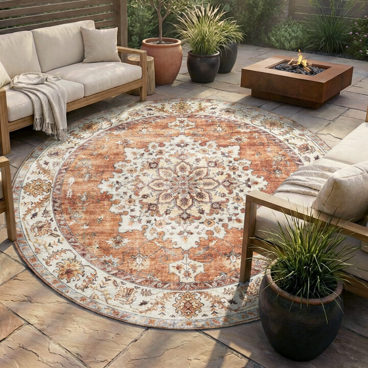 Vintage Gartenteppich Rund - Santo Medaillon Terrakotta