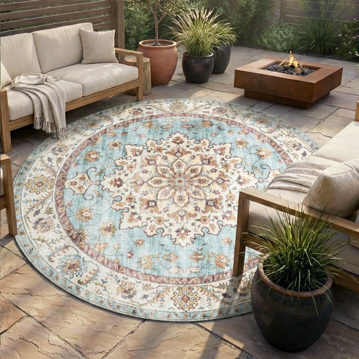 Vintage Gartenteppich Rund - Santo Medaillon Hellblau