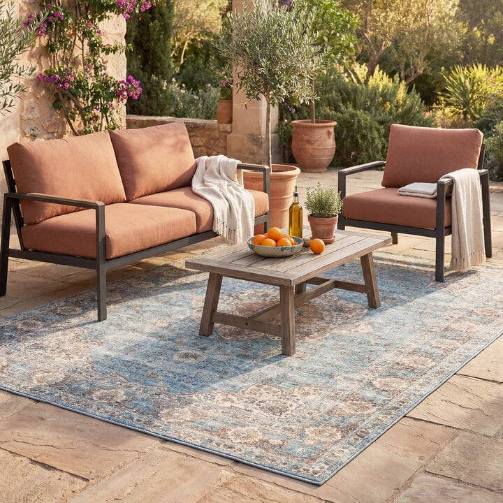 In- & Outdoor Teppich Vintage - Kairo Medaillon Hellblau Creme