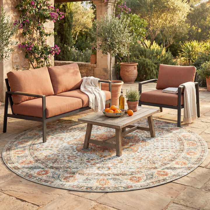 In- & Outdoor Teppich Rund - Kairo Medaillon Creme Bunt