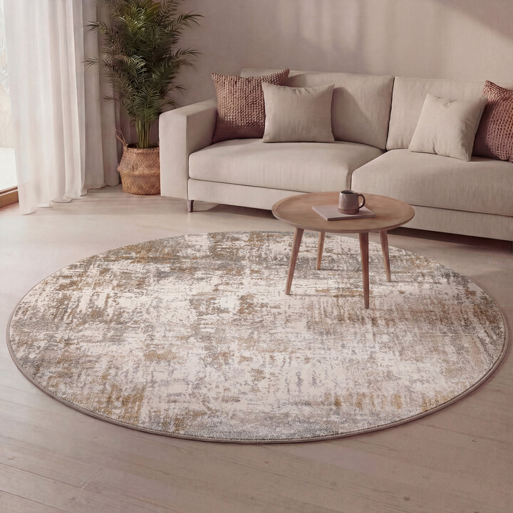 Waschbarer Teppich Rund - Misha Grunge Creme Braun