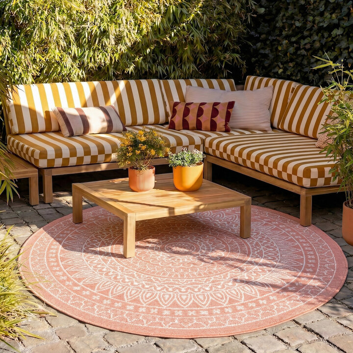 In- & Outdoor Teppich Rund - Summer Azteca Rosa