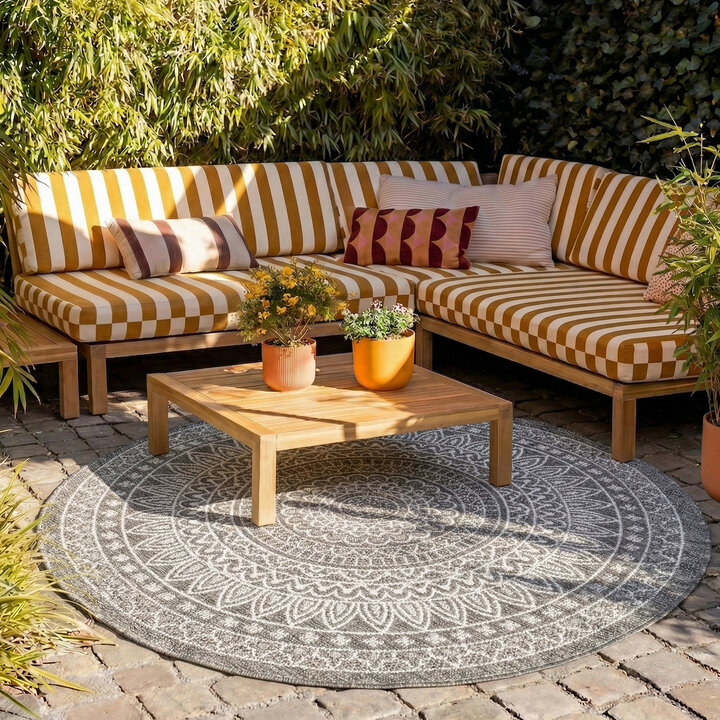 In- & Outdoor Teppich Rund - Summer Azteca Grau