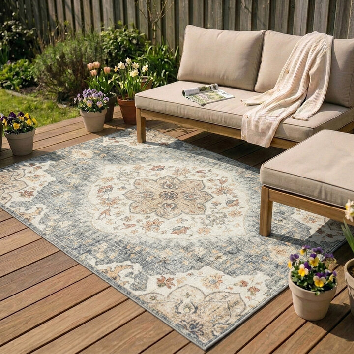 Vintage Gartenteppich - Santo Mandala Blau Grau