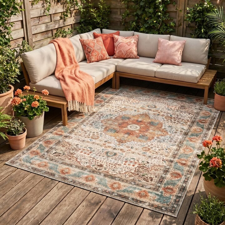 In- & Outdoor Teppich Vintage - Kairo Medaillon Creme Bunt