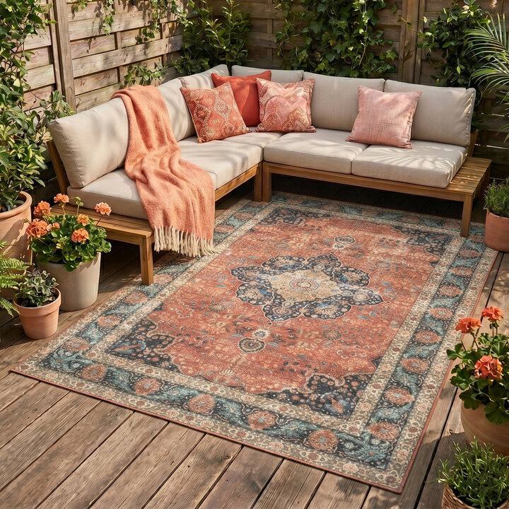 In- & Outdoor Teppich Vintage - Kairo Medaillon Terra Dunkelblau