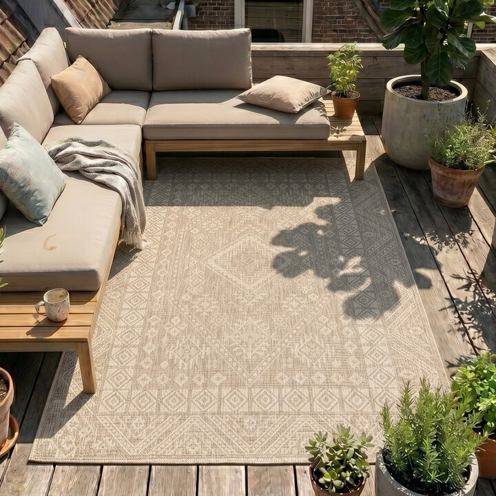 In- & Outdoor Jute Teppich - Atlas Aztec Braun Creme