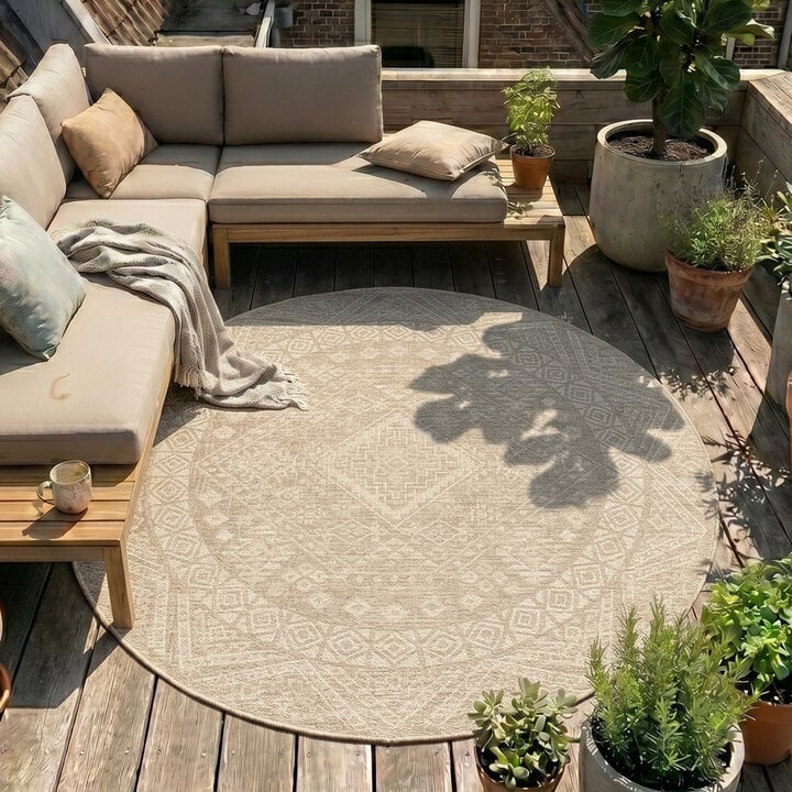 In- & Outdoor Jute Teppich Rund - Atlas Aztec Braun Creme
