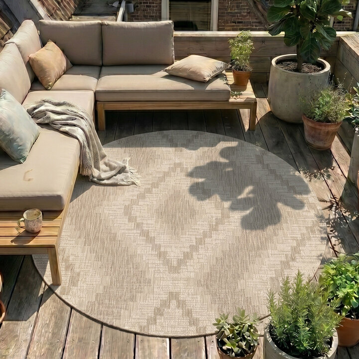 In- & Outdoor Jute Teppich Rund - Atlas Diamond Braun Creme