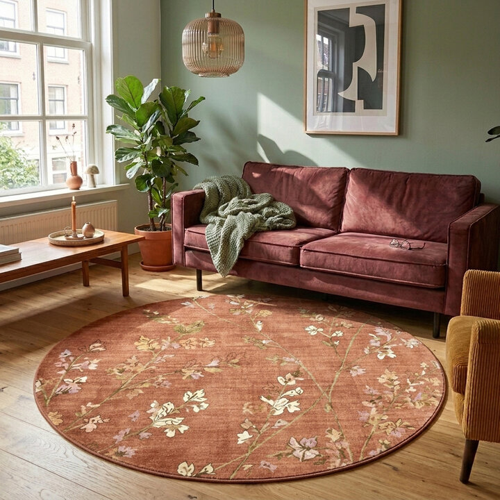 Waschbarer Teppich Rund - Misty Floral Terrakotta