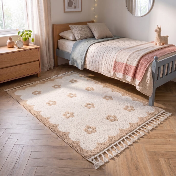 Waschbarer Kinderteppich - Moos Flower Creme