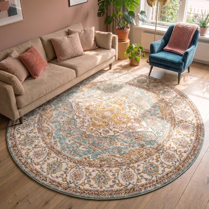 Teppich Vintage Rund - Thirza Medaillon Hellblau Bunt