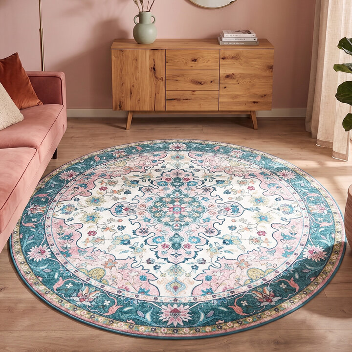 Teppich Vintage Rund - Lily Oriental Blau Rosa
